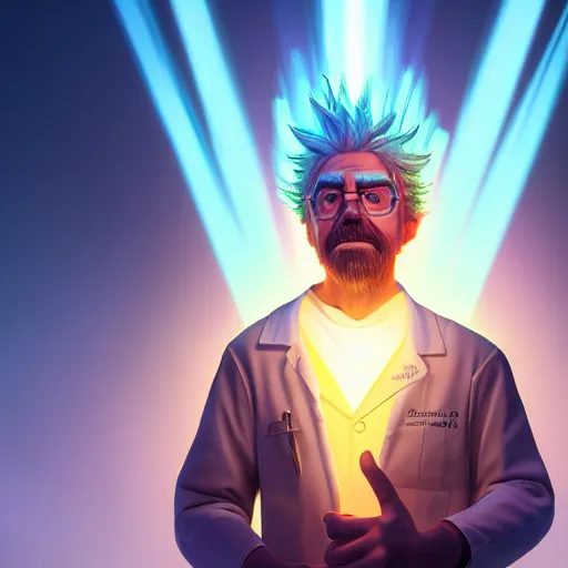 Prompt: portrait art of rick sanchez, lab coat, unibrow, 8 k, lens flare, atmosphere, glow, detailed, intricate, full of colour, cinematic lighting, trending on artstation, 4 k, hyperrealistic, focused, extreme details, unreal engine 5, cinematic, masterpiece