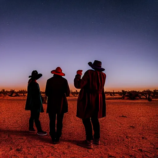 Prompt: atmospheric photograph of three ravers, two men, one woman in a trenchcoat blessing the earth, seen from behind, talking around a fire, dancefloor kismet, diverse costumes, clean composition, desert transition area, bonfire, night, australian desert, xf iq 4, symmetry, sony a 7 r, 1 5 0 mp, 5 0 mm