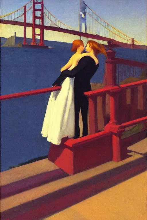 Prompt: edward hopper style!!! a lesbian couple!! romantic, mid century, golden gate bridge in the background!!!