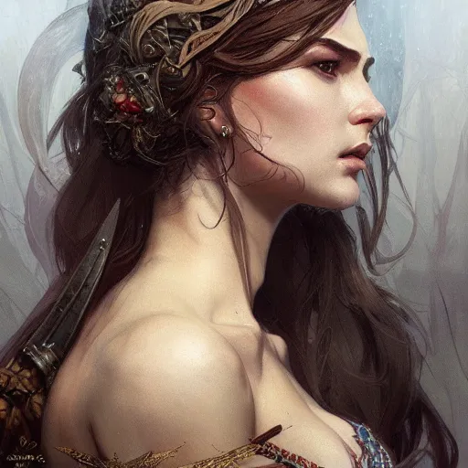 Image similar to portrait of a rugged queen, D&D, fantasy, intricate, elegant, highly detailed, digital painting, artstation, concept art, smooth, sharp focus, illustration, art by artgerm and greg rutkowski and alphonse mucha