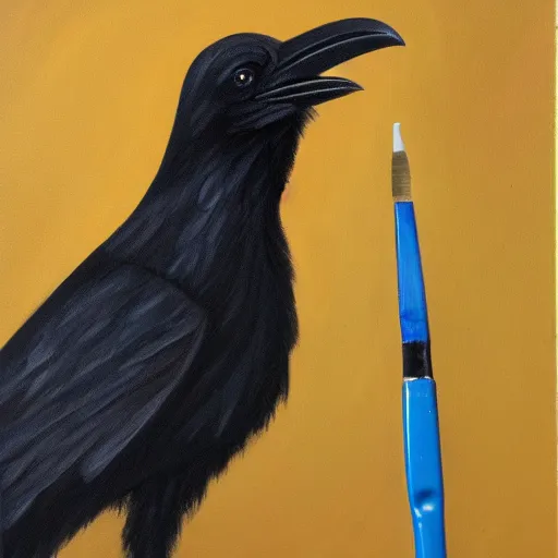 Image similar to oil painting of a raven holding a paintbrush in its beak and painting with it