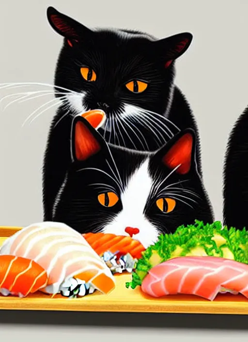 Image similar to clear photorealistic picture of adorable cats eating sushi