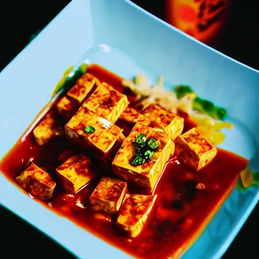 Prompt: album concept art of a mapo tofu with trap hyperpop aesthetics, 35mm analog photography