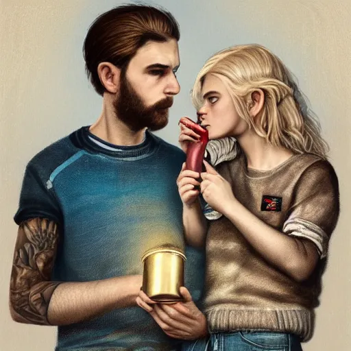 Prompt: a highly detailed side portrait of a young couple from the side, holding a tin can, remote icelandic village, summer, jeans and t shirt, blonde hair, muted colors, by tom bagshaw, trending on artstation,