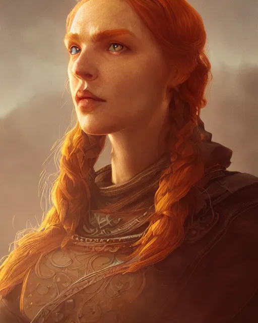 Prompt: the elder scrolls vi, charismatic rugged female redhead breton mage portrait, illustration, rim light, top light, perfectly shaded, golden hour, epic, intricate, soft painting, by leesha hannigan, ross tran, thierry doizon, kai carpenter, ignacio fernandez rios