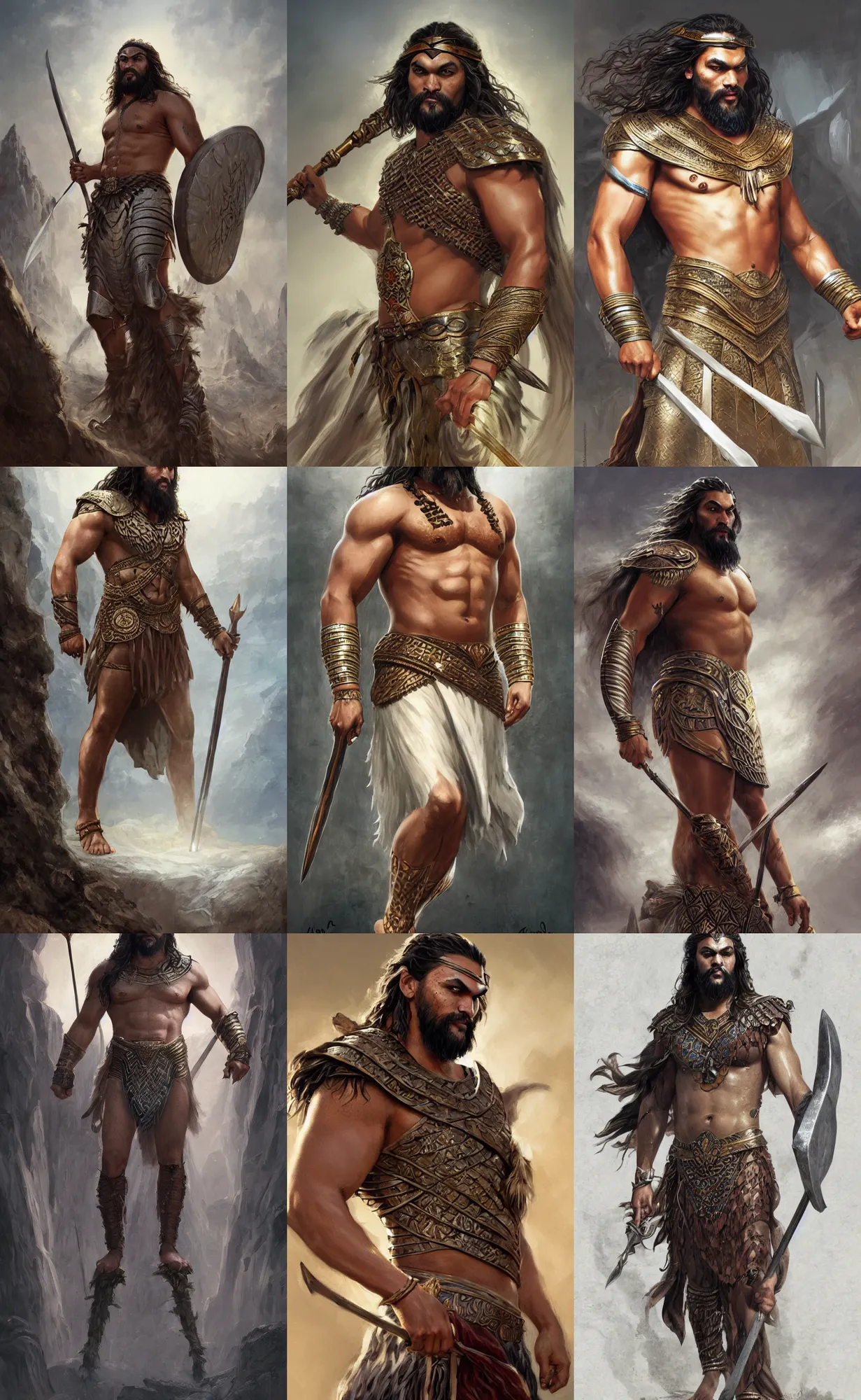 Prompt: jason momoa as assyrian king, front view, full body, full shot, neutral background, highly detailed, digital painting, artstation, concept art, sharp focus, illustration, orientalism, art by artgerm and greg rutkowski and raphael lacoste and magali villeneuve