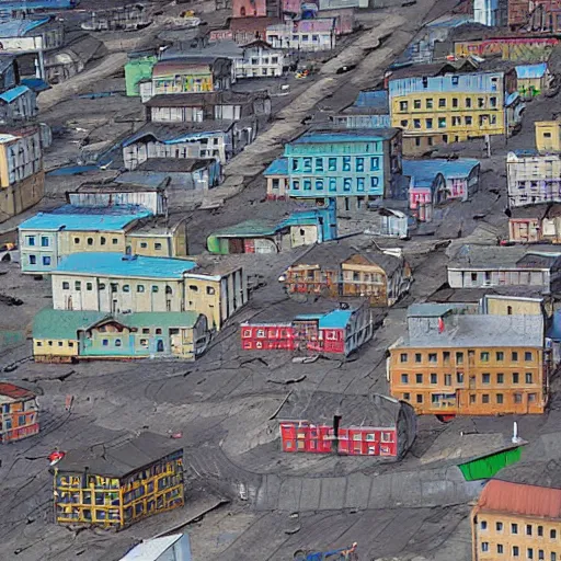 Image similar to flying houses - shaped city street norilsk on moon, city, telephoto, street