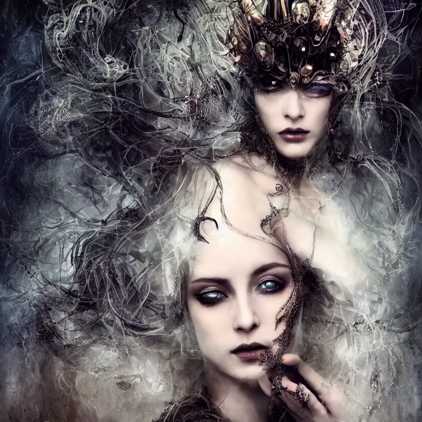 Image similar to mindblowing portrait of the enchantress queen, a stunning timeless beauty, breathtaking eyes, perfect skin, feathered eyelashes, royal gothic dress with a lot of leather, heavy silent hill aesthetic, incredibly intricate, digital art, blender, houdini & photoshop, very elegant & complex, hyper-maximalist, overdetailed, epic cinematic quality, biblical art lighting, photorealistic, lifelike, OLED, DSLR HDR 8k, face is the focus, facial feature symmetry, hyper composed, created by Nixeu & z--ed from deviantart