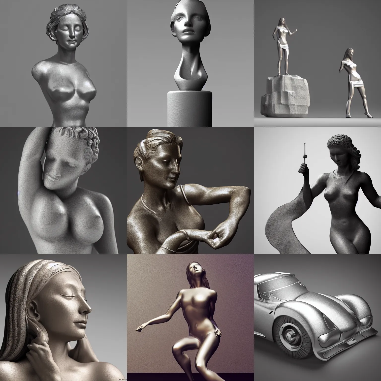 Prompt: statue of a perfect woman, sandstone and silver metal ( desgined by porsche ), studio photo, octane render, studio lights, macro lens