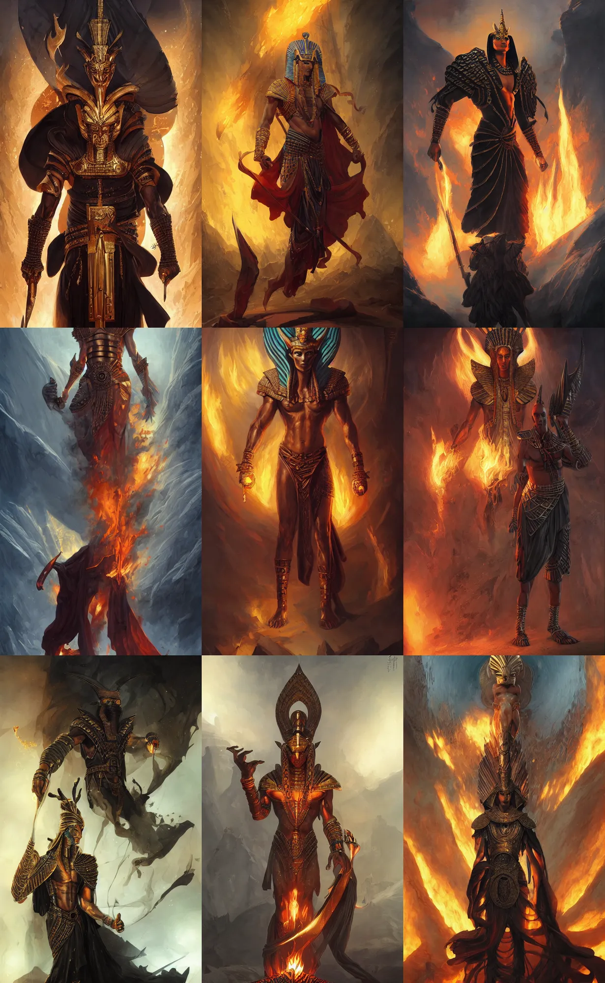 Prompt: fire egyptian god, full body shot, black cloth, male, highly detailed, digital painting, artstation, concept art, sharp focus, illustration, orientalism, art by aleksi briclot and mohrbacher and raphael lacoste and magali villeneuve