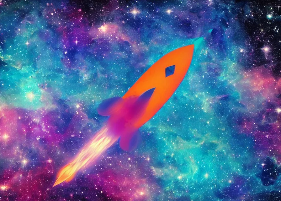 Prompt: rocket ship flying over huge and colorful nebula, pastels