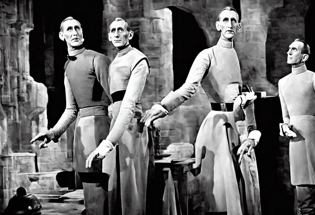 Image similar to still from the Disney plus show Tarkin! A show full of theatrical intrigue and whimsy, based around governor Tarkin’s pre-Empire life as a fading theatre star on Alderraan’s Broadway in the 1960s Technicolor