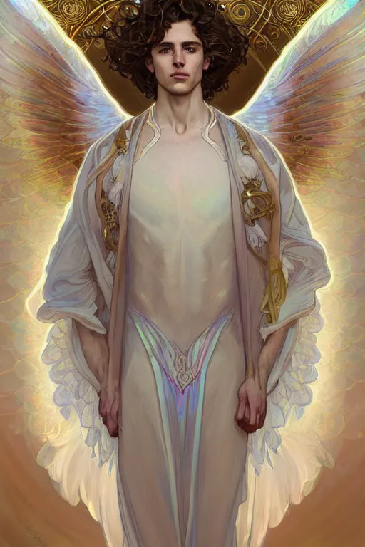 Image similar to a beautiful young fit male angel with curly blond hairs, dressed with fluent clothes, majestic symmetrical wings, luminous halo, by greg rutkowski and alphonse mucha, d & d character, gradient white to gold, in front of an iridescent background, highly detailed portrait, digital painting, artstation, concept art, smooth, sharp focus illustration, artstation hq