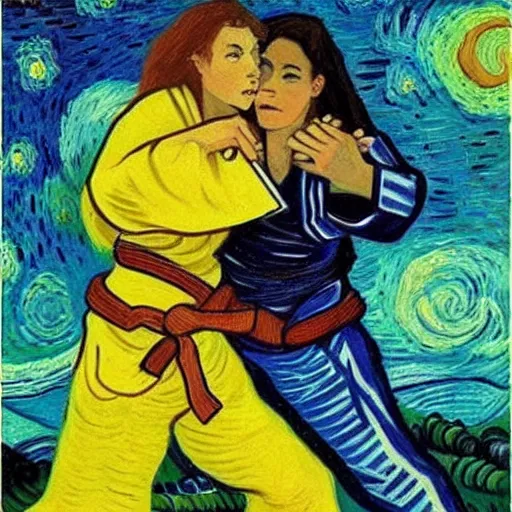 Image similar to “ two woman jujitsu, vincent can gogh ”