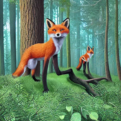 Image similar to a red fox and a ginger teen girl at dark forest where trees are huge, ultra realistic by ori toor and escher