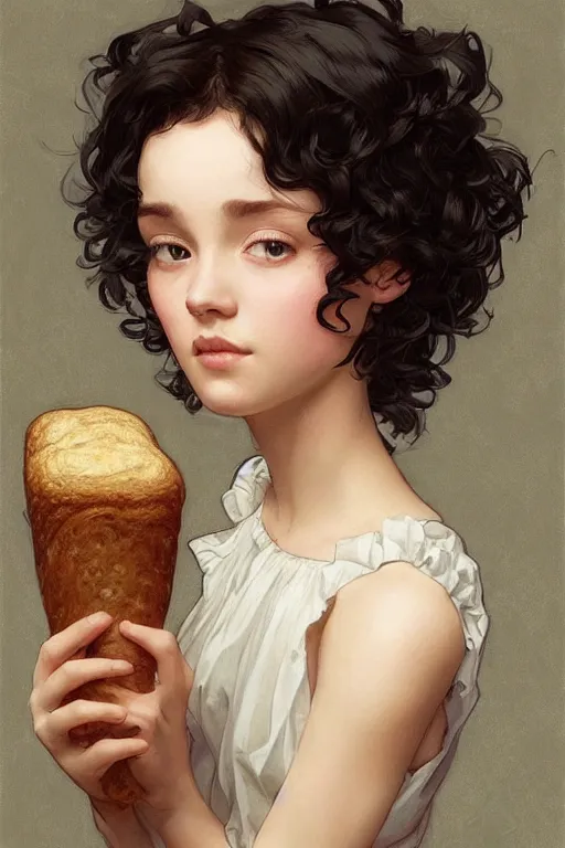 Image similar to beautiful cottagecore of a girl with short black curly hair, round face, cute face, holding a loaf of bread. intricate, elegant. highly detailed, digital painting, artstation, concept art, smooth, sharp, focus, illustration. . art by artgerm and greg rutkowski and alphonse mucha