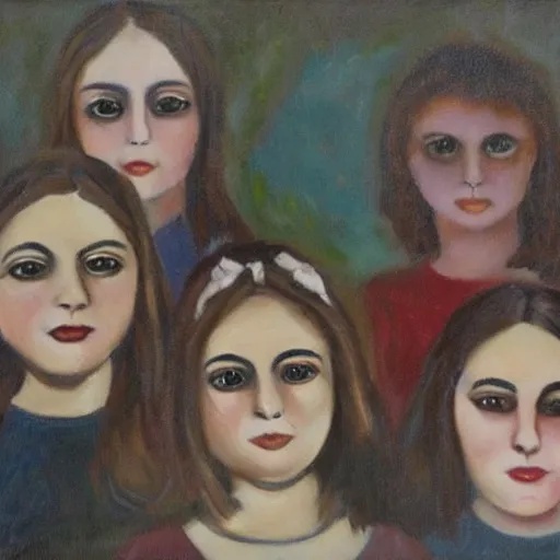 Image similar to Oil painting of a group of creepy young ladies