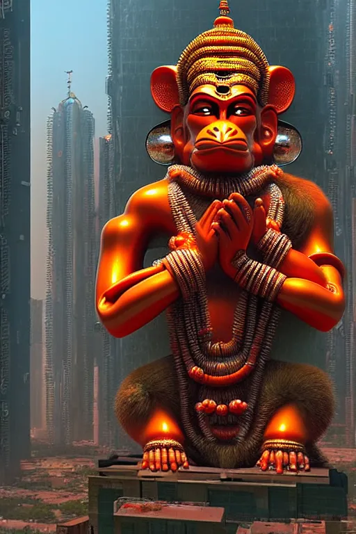 Image similar to high quality 3 d cyberpunk biomorphic hanuman! head building in the middle of mumbai!!, kalighat highly detailed, cinematic smooth, stephen shore & john j. park, soft morning light, wide shot, high angle, uhd 8 k, sharp focus