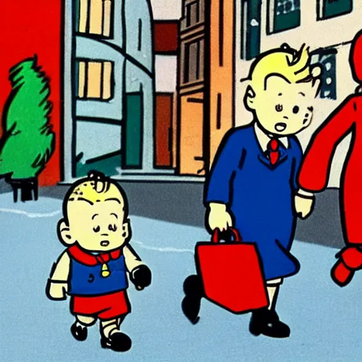 Prompt: tintin and snowy in a belgian 1 9 5 0 s street, drawn by herge in a ligne claire style with simple lines and bold colours