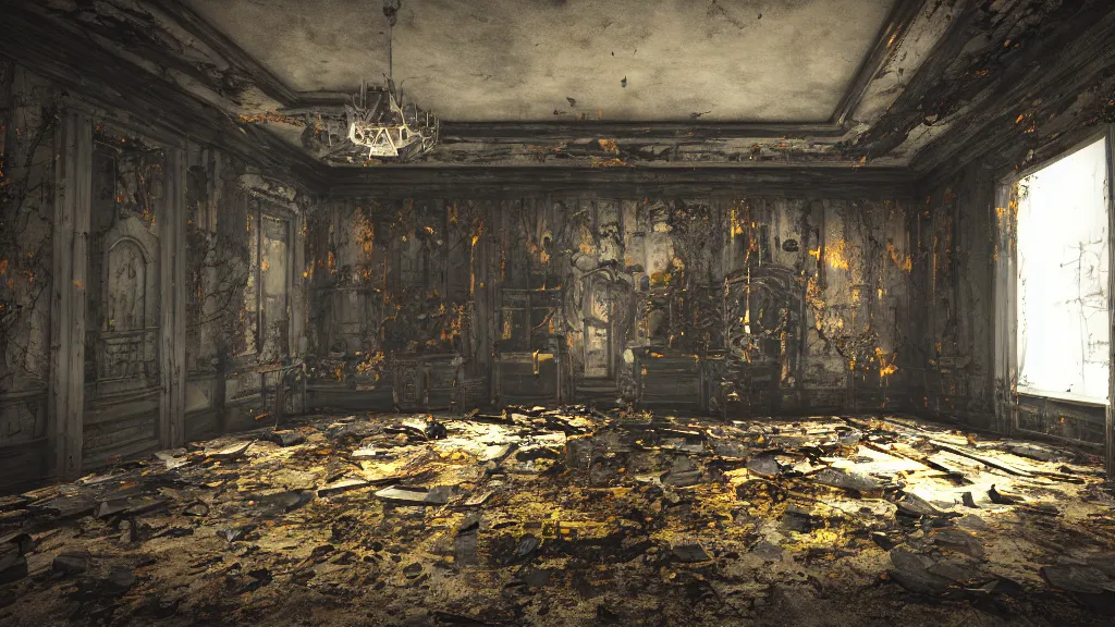 Image similar to inside a haunted destroyed house, a sigil scribbled on the ground and the sigil shining yellow, trending on artstation, wide view, cinematic view, cinematic, 8 k, digital photo, unreal engine, colored paint, colorful paint, scary style