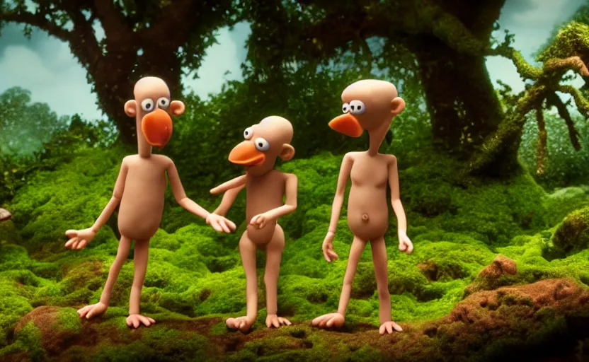 Image similar to Adam and Eve a still from a stop motion film, Aardman Animations, claymation, 4k, high quality