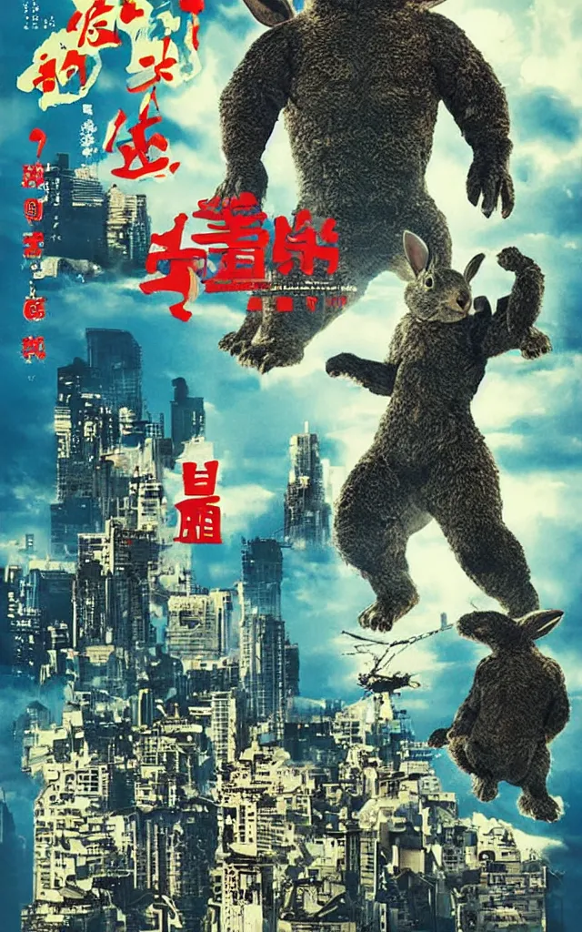 Image similar to Rabbit Kaiju destroying buildings japanese movie poster