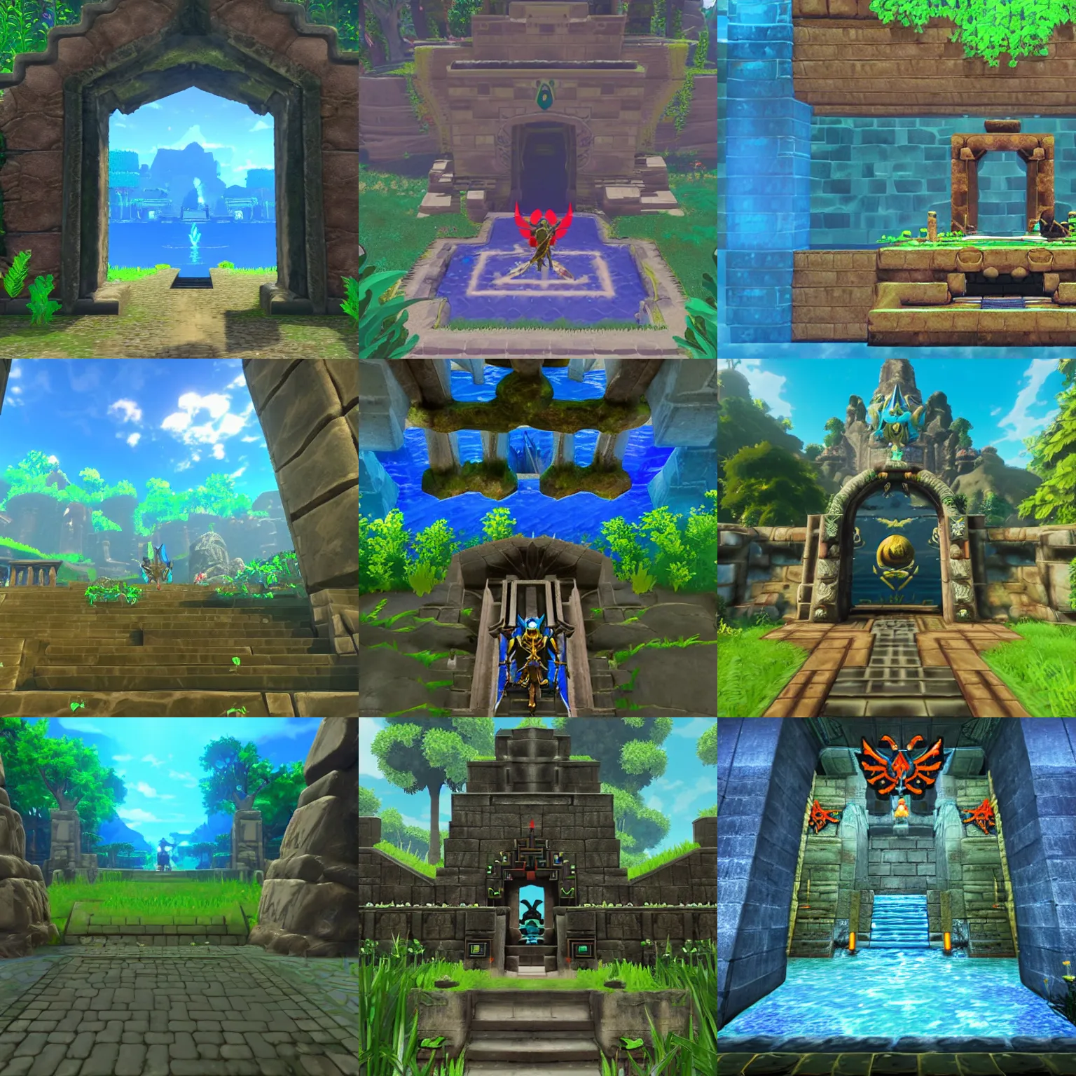 Prompt: the entrance to the water temple, in the style of zelda breath of the wild.