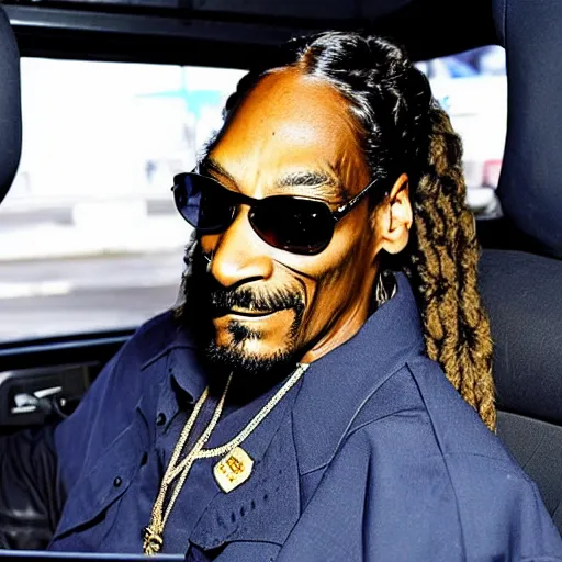 Image similar to Snoop Dogg with a smile on his face, sitting in a police car, there is marijuana everywhere in the car, and a lot of smoke