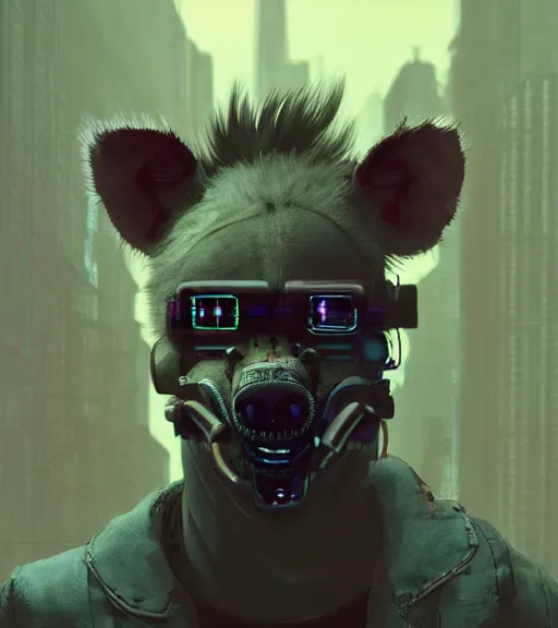 Prompt: new york city portrait of bad boy furry anthro anthropomorphic spotted hyena head animal person fursona wearing clothes strange cybernetic muzzle gloomy rainy screenshot from the video game cyberpunk 2077 digital art by Greg Rutkowski, Simon Stalenhag, christopher nolan trending on Artstation, CGSociety