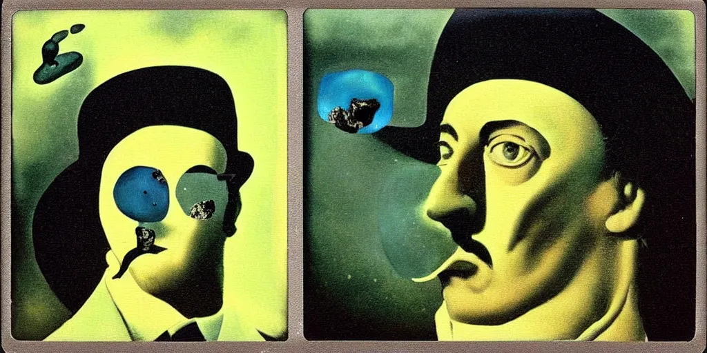 Prompt: Salvador Dali. Magritte. Hazy polaroid collage. black cubes made of metal, concrete, and slime falling from the sky. Dark ooze as figure, bright colored textured space as ground. POV photos from the apocalypse. 4000 ISO. Dali. Magritte. images that you are not supposed to see. Salvador Dali collage. Dusty, grimy, incomplete