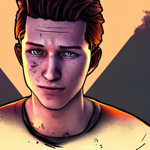 Image similar to tom holland portrait, borderlands, tales from the borderlands, the wolf among us, comic, cinematic lighting, studio quality, 8 k