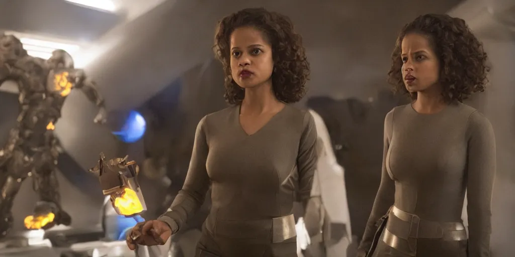 Prompt: wide angle movie stills of gugu mbatha - raw as sue storm in fantastic four movie using her iridescent particles force field powers while battling doctor doom, and an army of shapeshifter lizard like humanoids called the skrulls