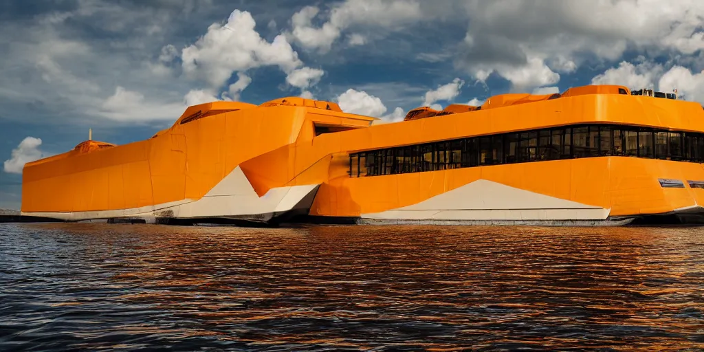 Image similar to futuristic barge ship, yellow - orange color, wide - angle lens, dramatic lighting, cool marketing photo