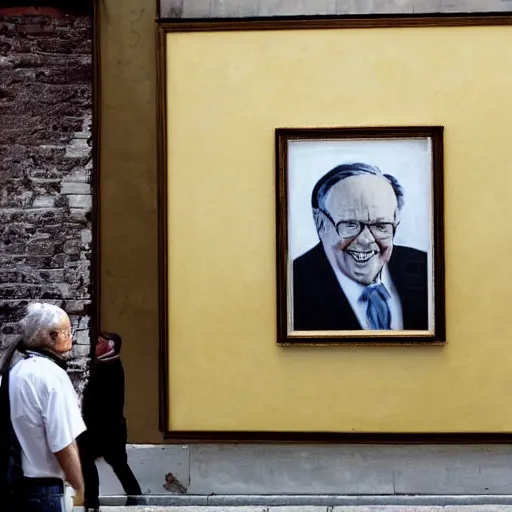 Image similar to A photograph of a Banksy painting of Warren Buffet in Venice