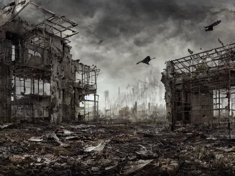 Image similar to postapocalyptic picture of black raven in cage, very emotional, ruins around, nuclear explosion, erik johansson style, conceptual art, the last day on the earth, insane detail, hyper realistic 8 k textured