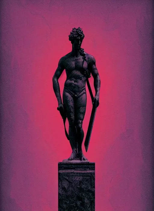 Prompt: black background with subtle red and purple design elements, greco roman statue, grey, nekro, thin lines, dark, glitch art, neo vaporwave, gritty, layout frame, trending on artstation