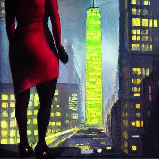 Image similar to “ a girl! looking down at a futuristic new york city below, cyberpunk, detailed face, wearing red dress, oil painting, by george bellows ”