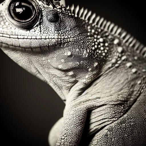 Prompt: closeup wet plate photograph of a chameleon, daugerrotype, collodion photography, studio lights, eye catching, exxagerated texture