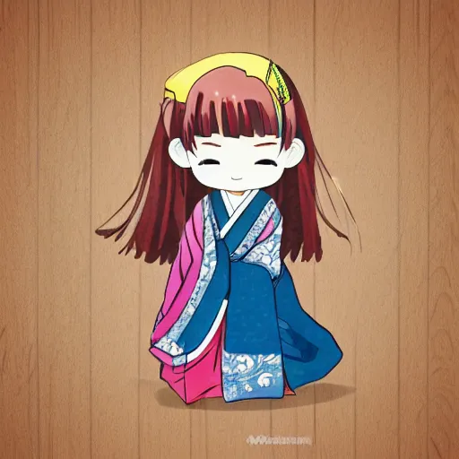 Prompt: concept art of a singular kawaii chibi in the sytle of japanese wood print, on simple background, water color nendoroid, anime waifu, ukiyoe, no shading, no gradient, flat design
