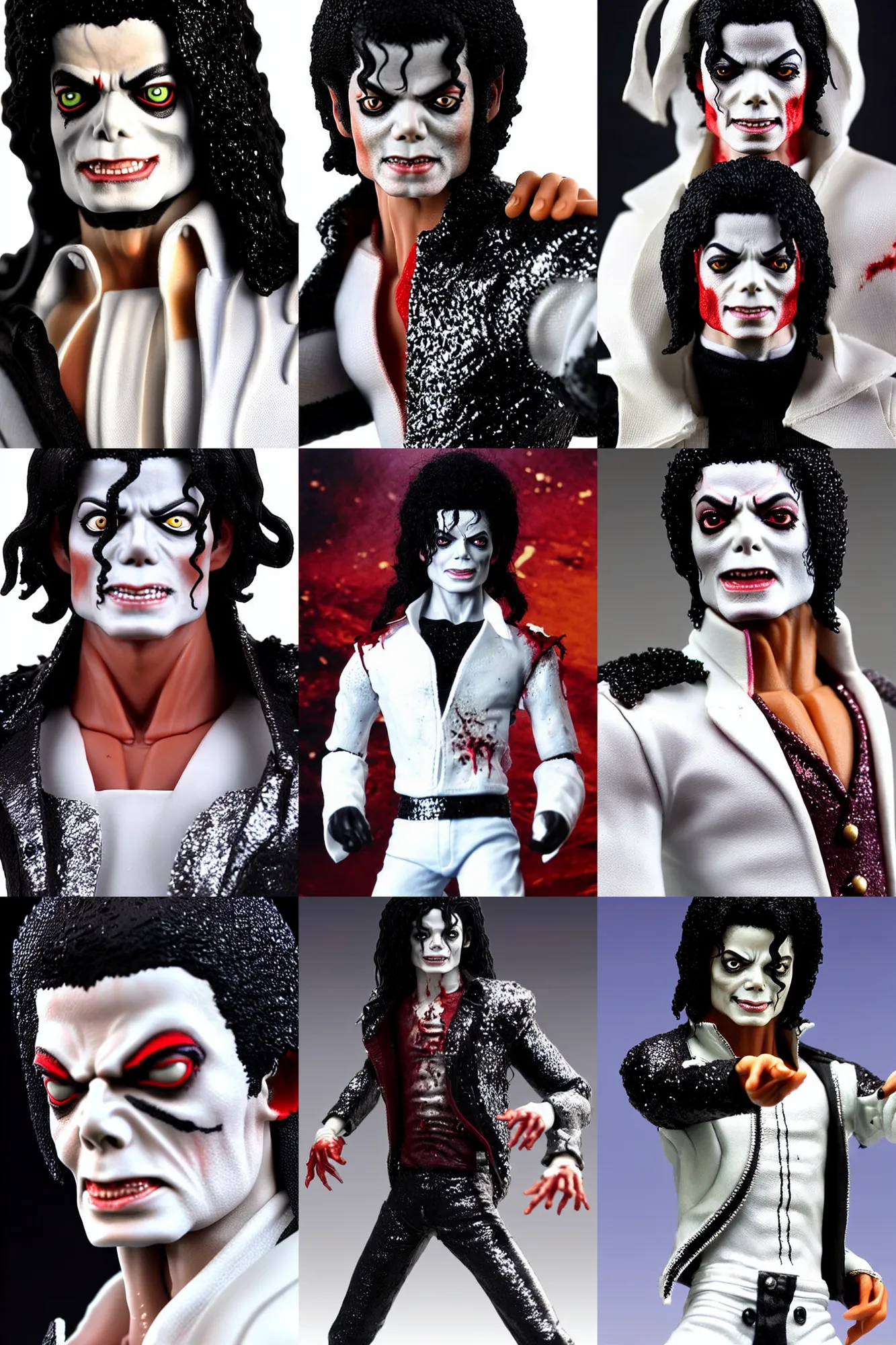 Prompt: stoic michael jackson zombie by neca!!! pretty! beautiful! shirtless muscular white pants black sequined jacket very detailed realistic action figure by neca. face very close up shot headshot. in the style of tekken 5, character from mortal kombat, film still, bokehs