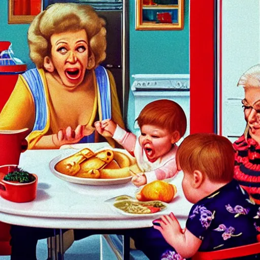 Image similar to hyper realistic hight detailed grandmother with a big mouth eating a baby on the table in the russian kitchen on the wall hangs a rug, style by hiroshi nagai, bright colors