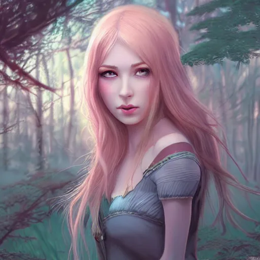 Image similar to elven huntress in mystic forest, pastel light pink very long hair, muted colors, matte print, pastel colors, 2d, ultra highly detailed, digital art, digital painting, fan art, elegant, artstation, head is centered, by Ilya Kuvshinov