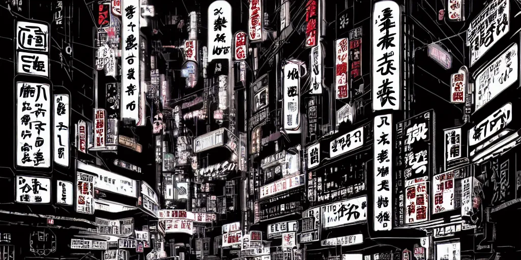 Prompt: Noir Cyberpunk Tokyo with neon signs in Japanese in style of Alan Moore. Symbolism, Detailed Art, 8K, Epic, Dynamic Light.