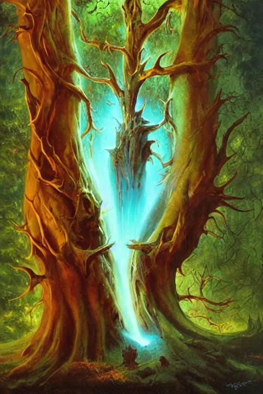 Image similar to a glowing portal to the underworld in a big old tree, concept art by boris vallejo