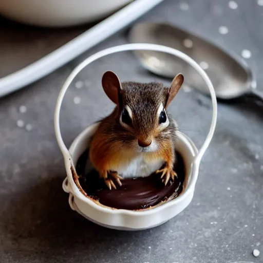 Prompt: photo of chipmunk sitting inside chocolate pudding, messy