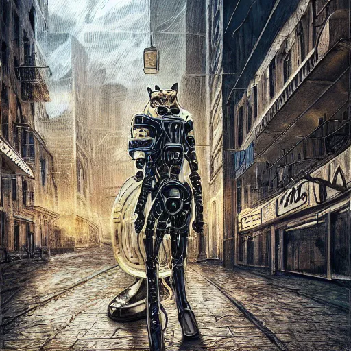 Image similar to gold and silver tones, cybernetic cat in a deserted town, style of moebius, james jean, rutkowski, cinematic, high detail, award winning, 8 k photorealistic