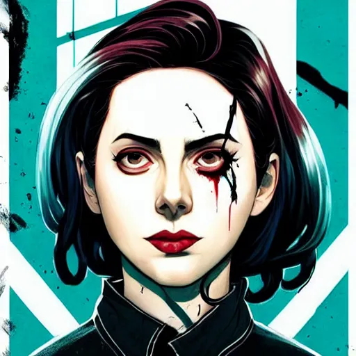 Image similar to Rafael Albuquerque comic cover art, loish, Sam yang, artgerm, Ross tran, pretty female Alison Brie serial killer holding bloody knife, blood on clothes and face, sarcastic smile, symmetrical eyes, symmetrical face, full body, jean jacket, jeans, short blonde hair, middle shot, highly saturated, deep blacks