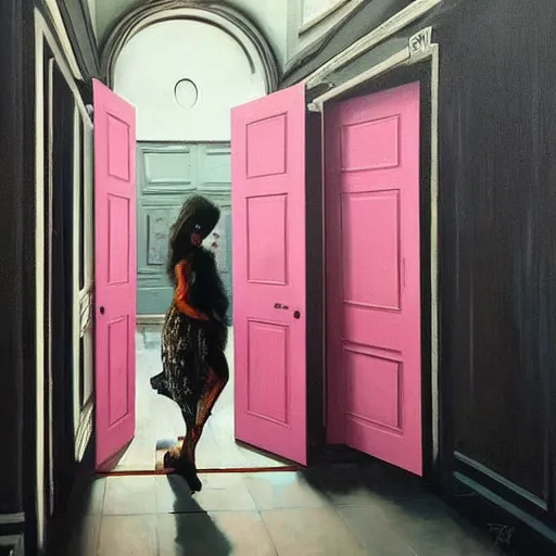 Image similar to diego dayer, hyperrealistic surrealism, award winning masterpiece with incredible details, a surreal vaporwave painting of pink door leading to a teal room, mirrors everywhere, highly detailed, hallway with black and white checkered floor, intricate, elegant