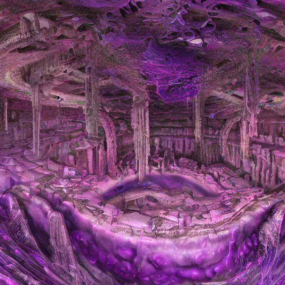 Image similar to detailed shot of inside a cavernous living stomach of a giant goddess, the walls purple and pulsing, lots of acid pooling up on the floor, digesting and dissolving a city that sat in the acid, food pov, micro pov, vore, digital art, furry art, high quality, 8k 3D realistic, macro art, micro art, Furaffinity, Deviantart, Eka's Portal, G6