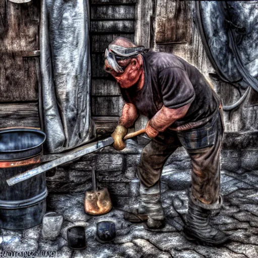 Image similar to a old grumpy blacksmith hammering away on burned metal, realistic, hdr, clear image, hdd, medival,